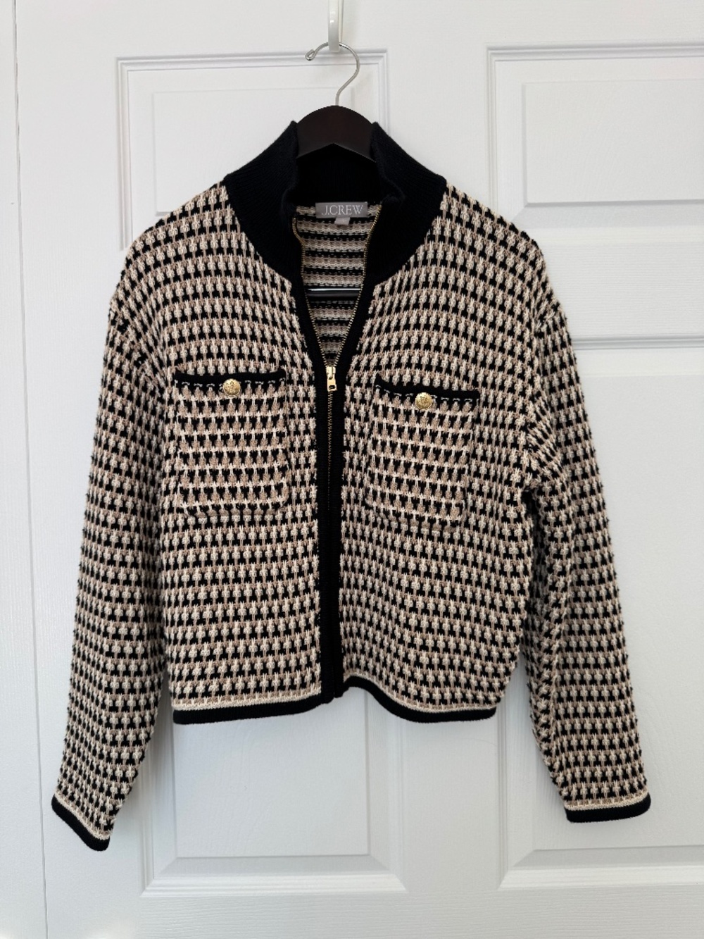 J.Crew Textured Knit Lady Jacket Black Cream Gold Button Zip Cardigan Blazer Siz